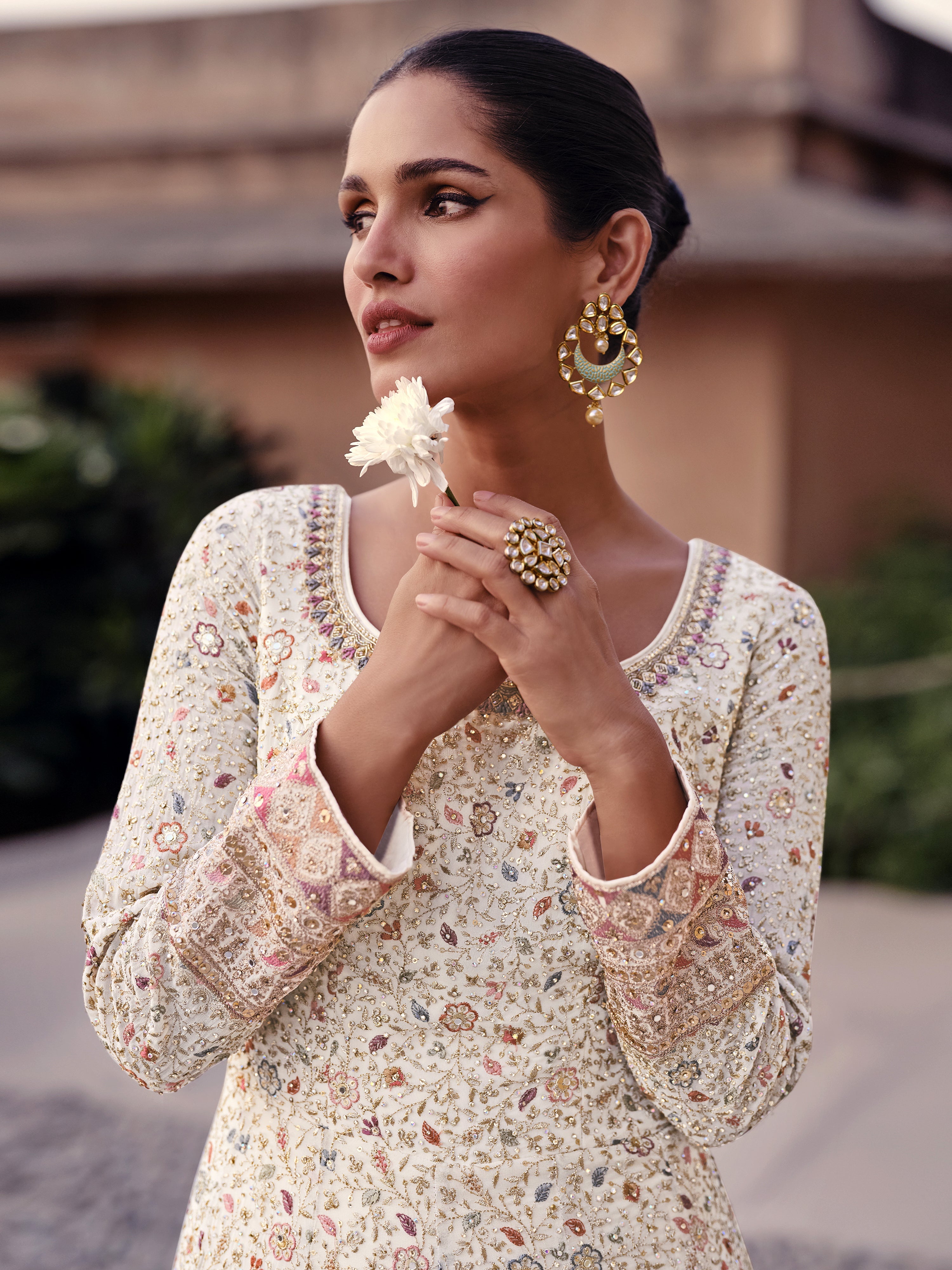 Offwhite Georgette Embroidery Sequence work Anarkali Kurta Pant Set with Dupatta for Women Trendmallsin