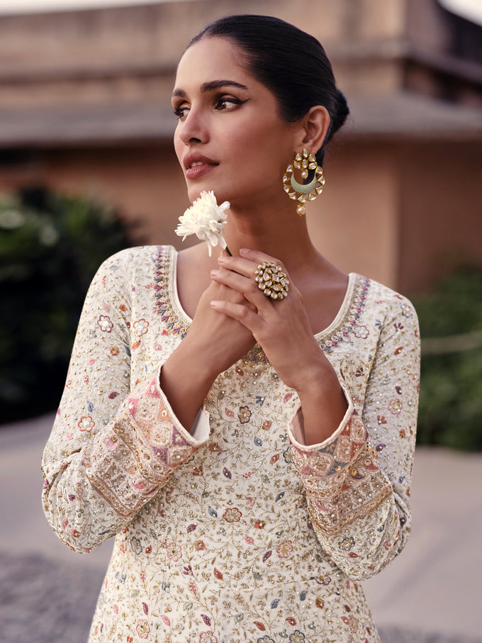 Offwhite Georgette Embroidery Sequence work Anarkali Kurta Pant Set with Dupatta for Women Trendmallsin