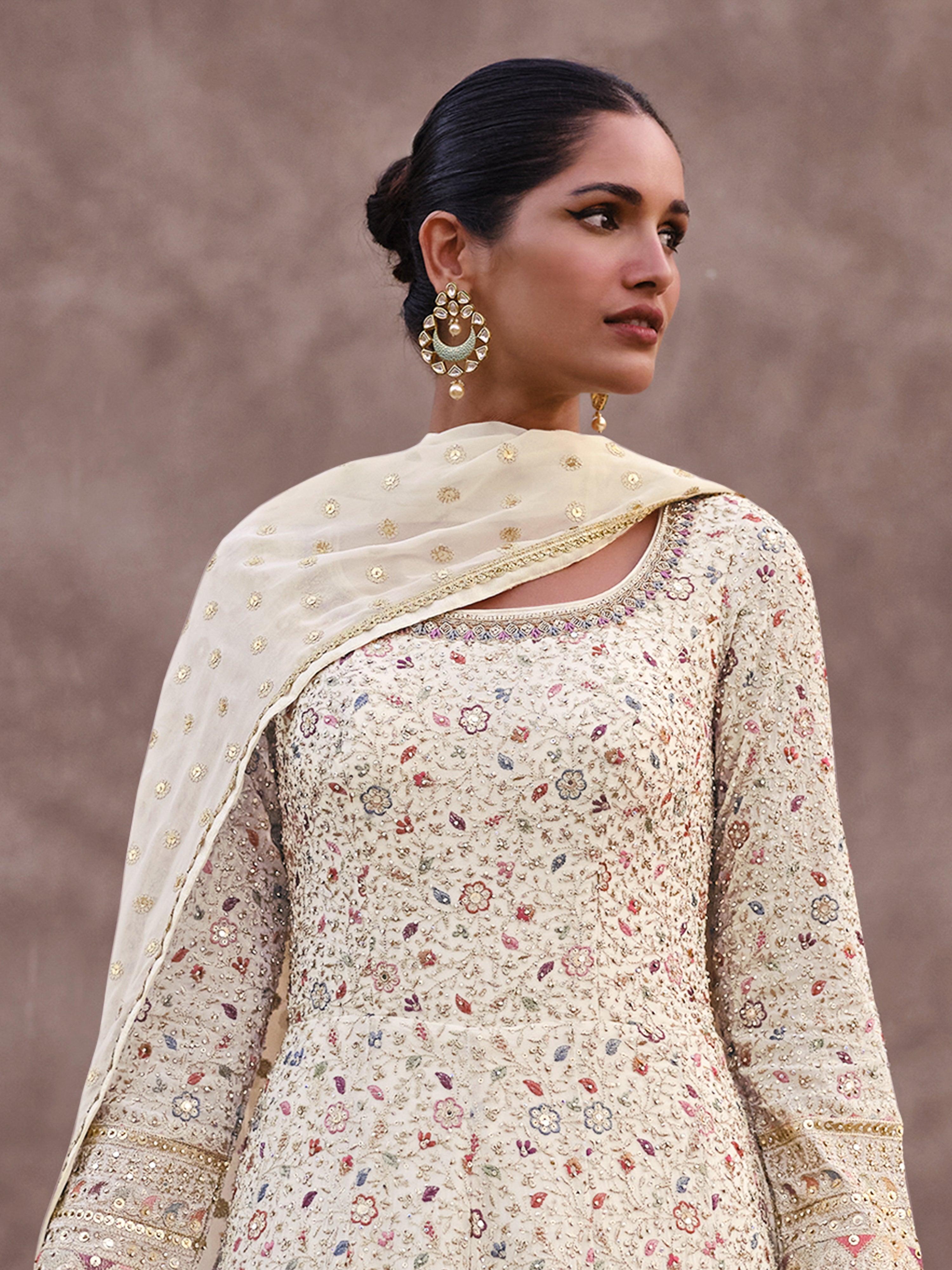 Offwhite Georgette Embroidery Sequence work Anarkali Kurta Pant Set with Dupatta for Women Trendmallsin