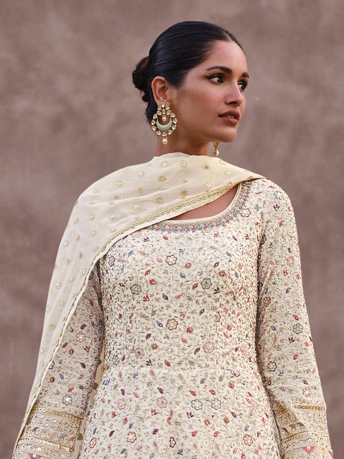 Offwhite Georgette Embroidery Sequence work Anarkali Kurta Pant Set with Dupatta for Women Trendmallsin