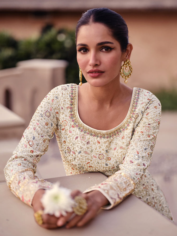 Offwhite Georgette Embroidery Sequence work Anarkali Kurta Pant Set with Dupatta for Women Trendmallsin