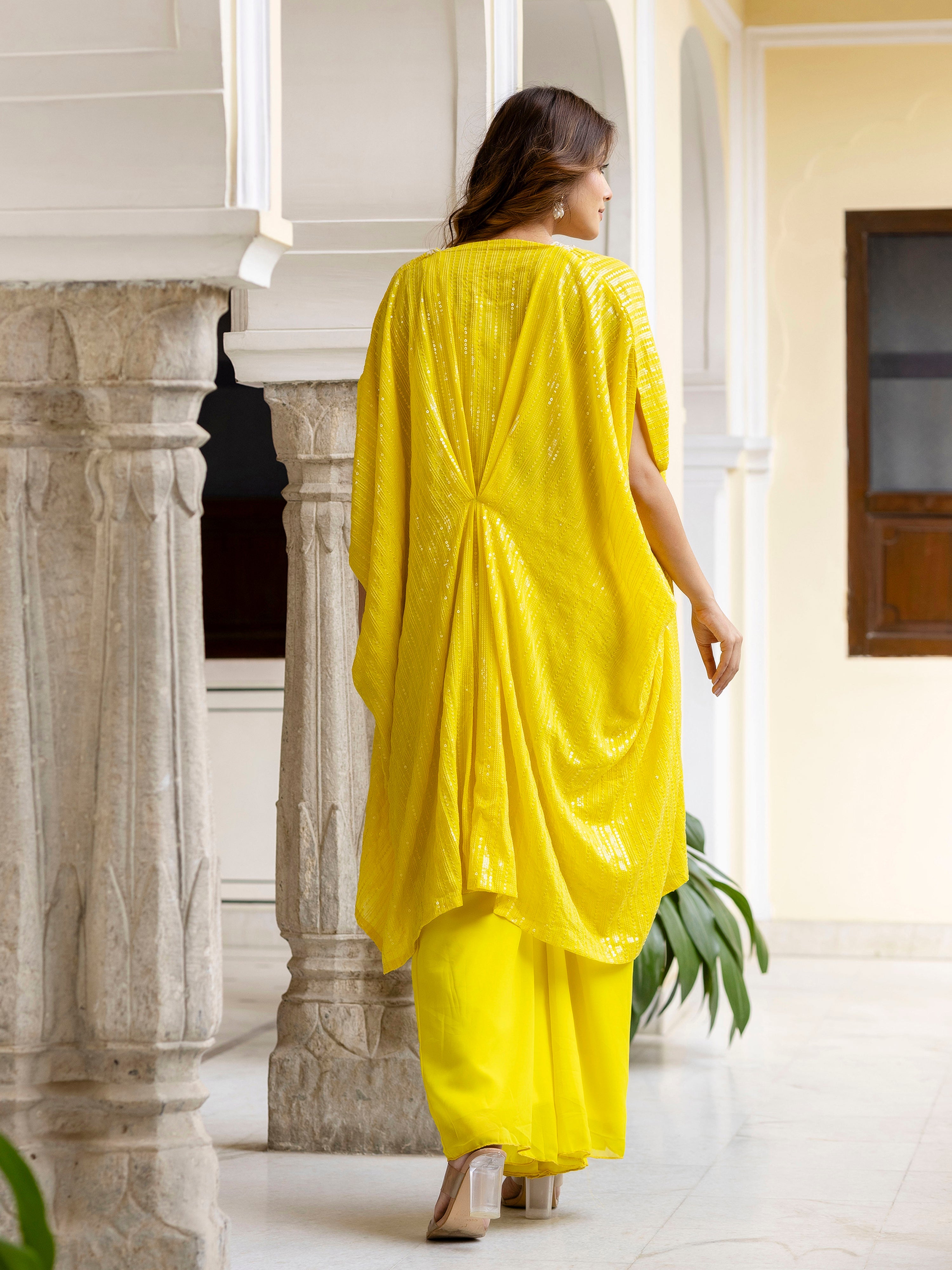 Lemon Yellow Georgette Embroidery Sequence Work Crop Top with Flared Palazzo and Shrug Set Ethnic Salwar Set Trendmalls