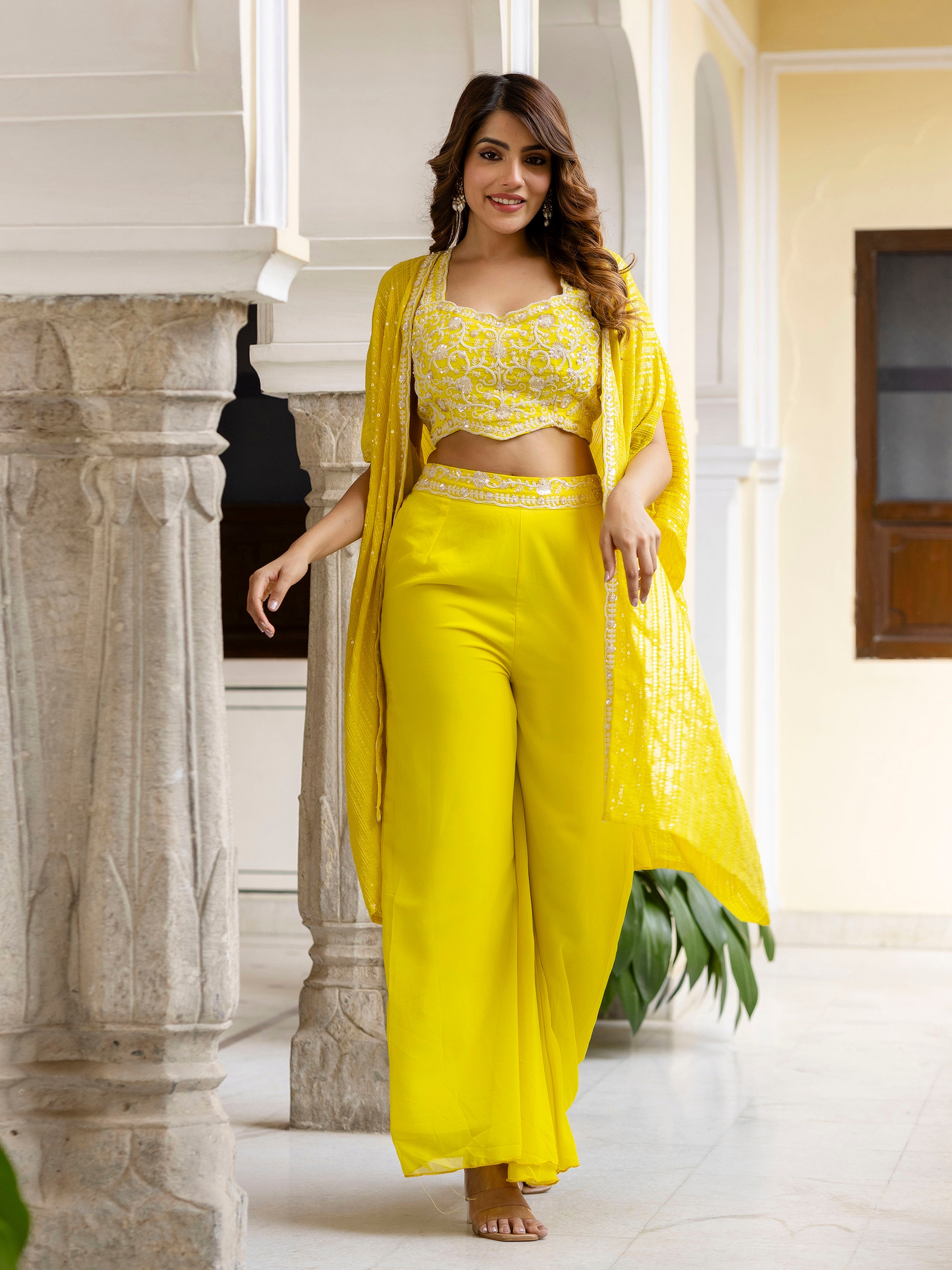 Lemon Yellow Georgette Embroidery Sequence Work Crop Top with Flared Palazzo and Shrug Set Ethnic Salwar Set Trendmalls
