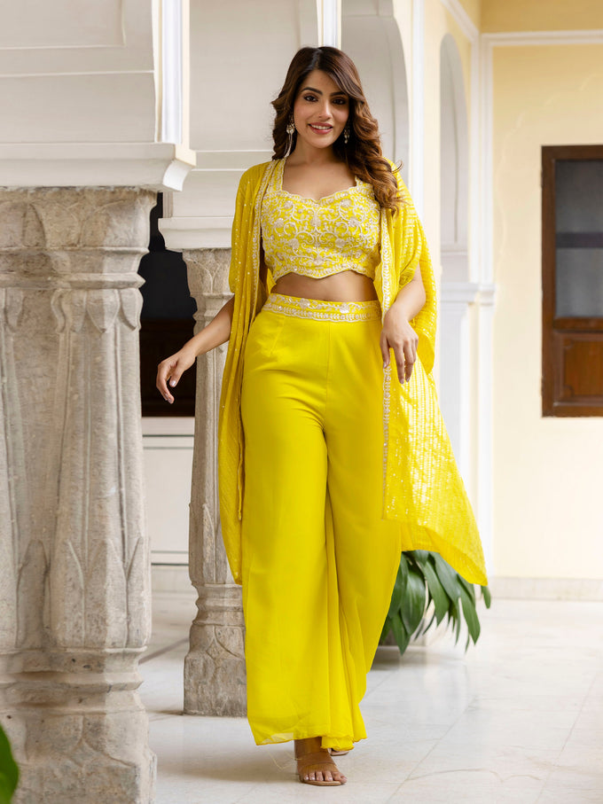 Lemon Yellow Georgette Embroidery Sequence Work Crop Top with Flared Palazzo and Shrug Set Ethnic Salwar Set Trendmalls