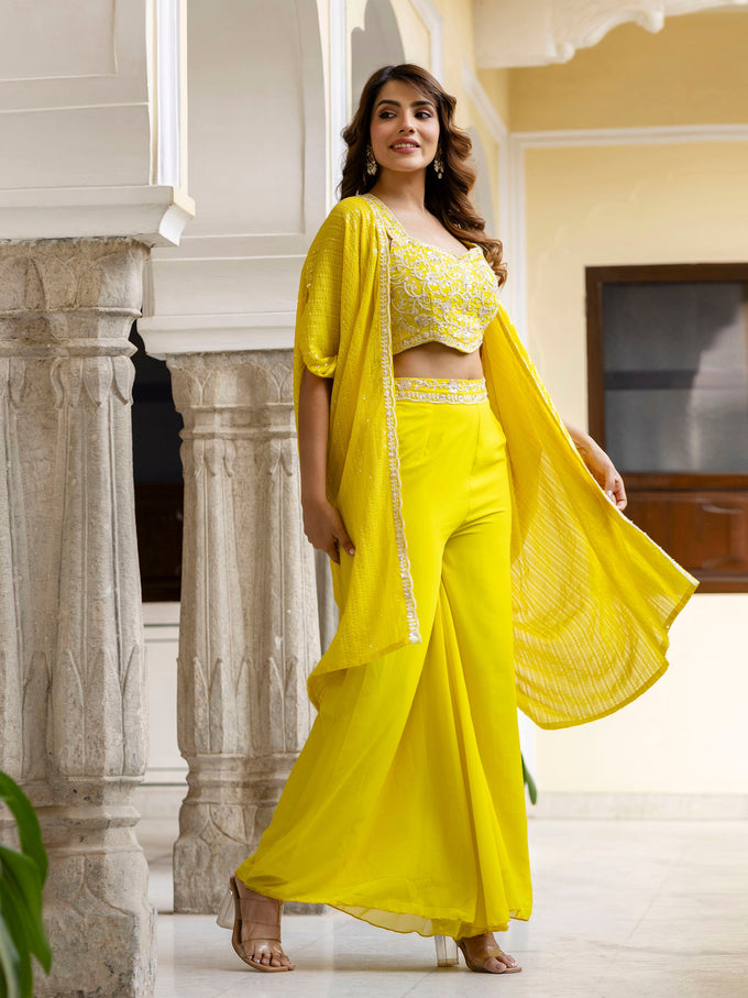 Lemon Yellow Georgette Embroidery Sequence Work Crop Top with Flared Palazzo and Shrug Set Ethnic Salwar Set Trendmalls