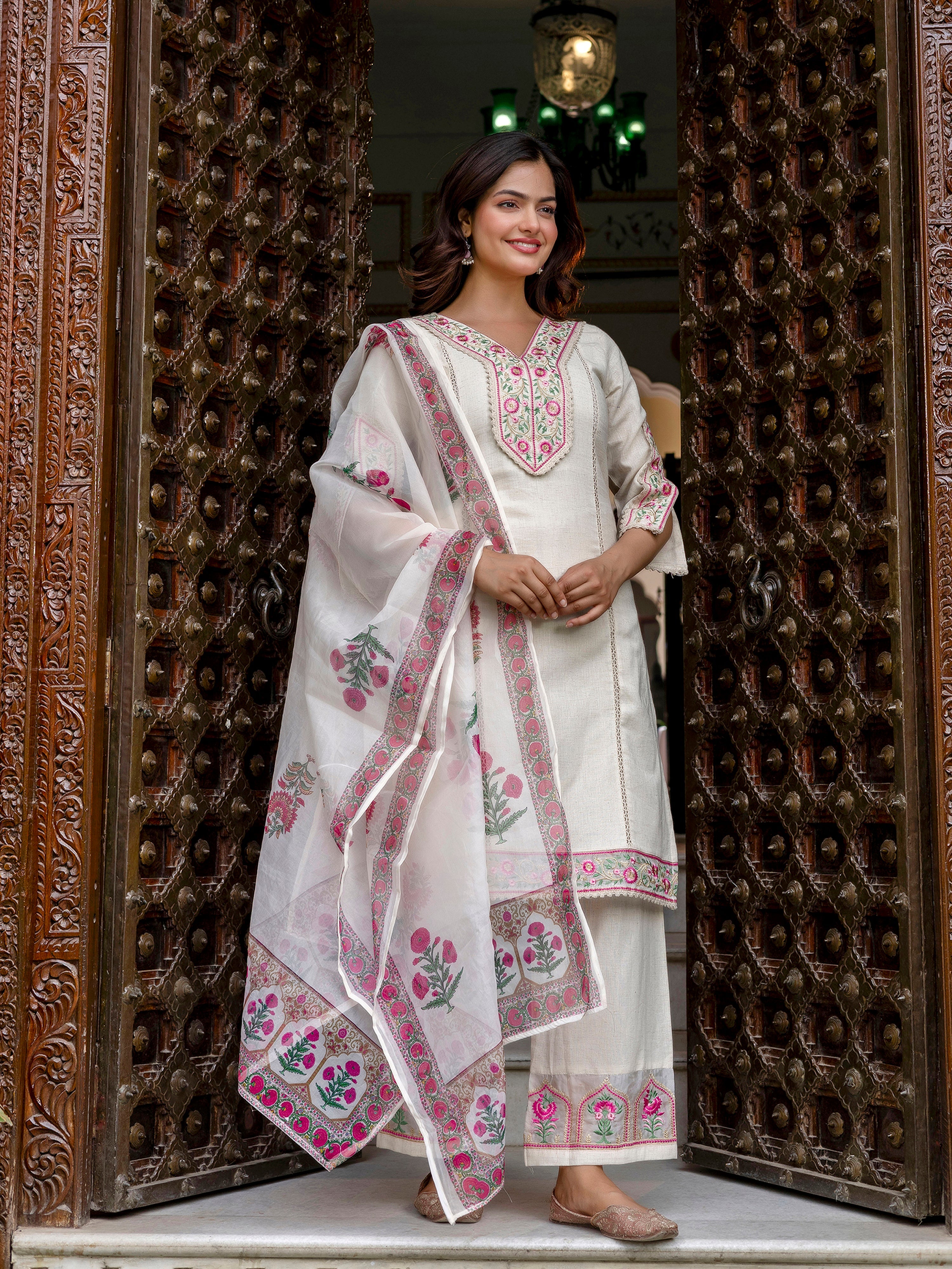 White Cotton Embroidery Salwar Suit with Dupatta Set For Women's Trendmallsin