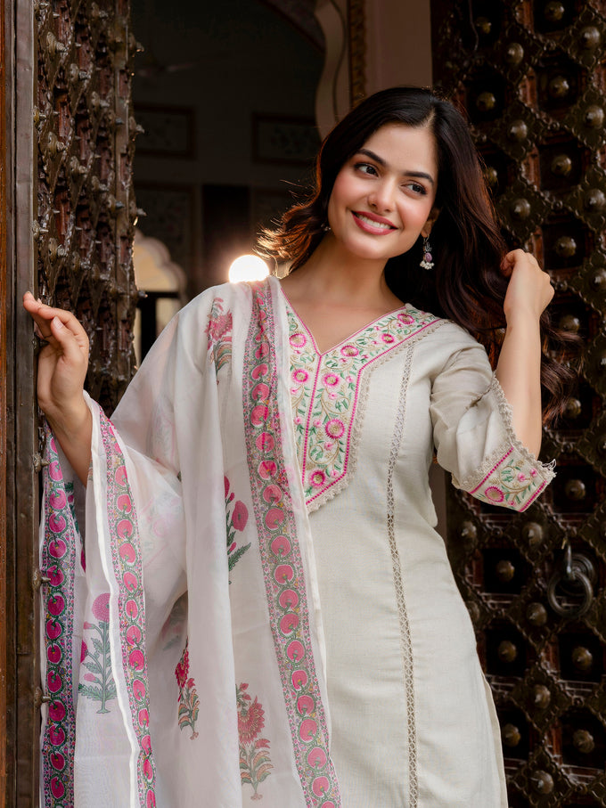 White Cotton Embroidery Salwar Suit with Dupatta Set For Women's Trendmallsin