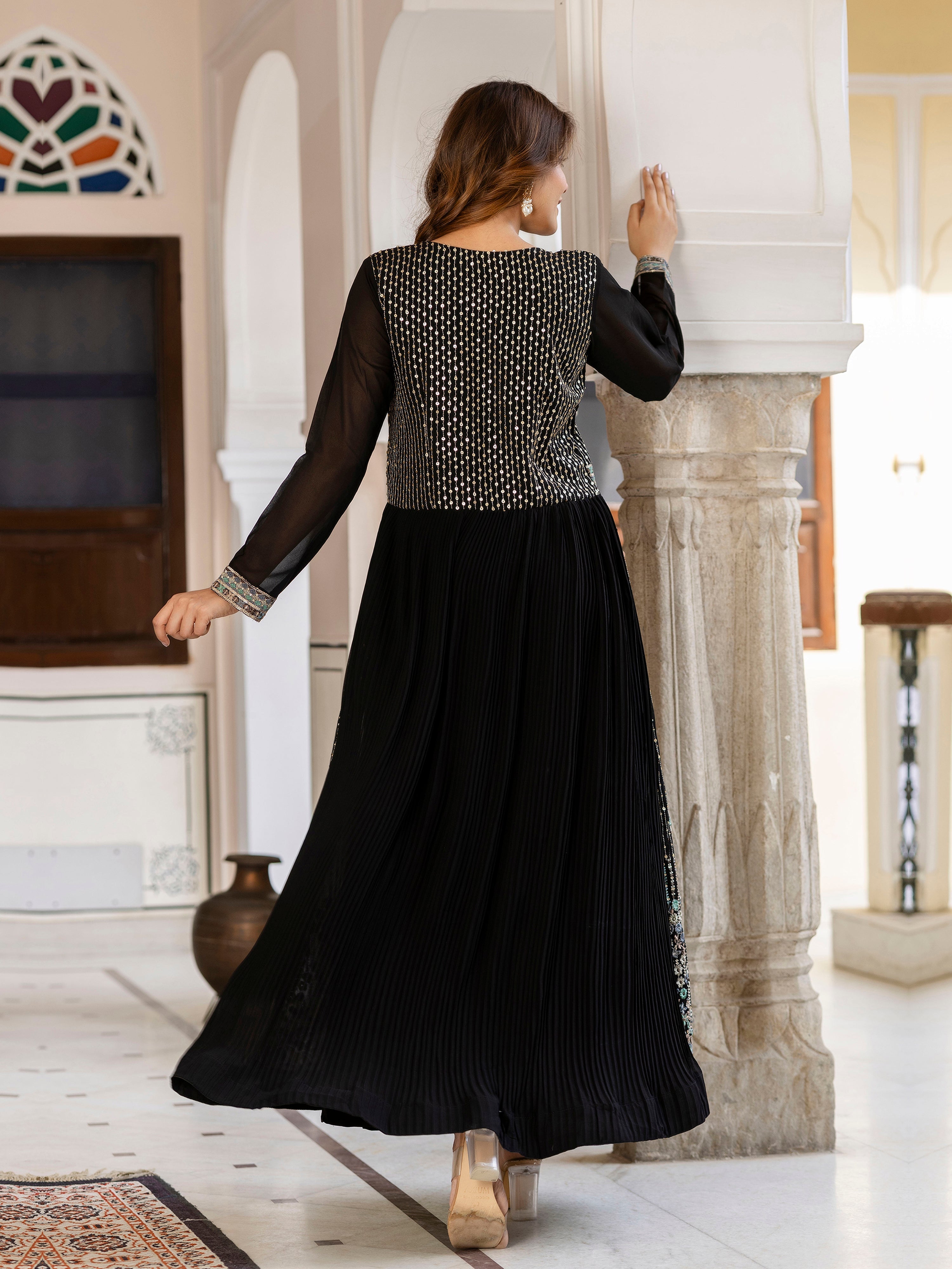 Black Georgette Sequin Embroidery Anarkali Salwar Suit Set for Women's Trendmallsin