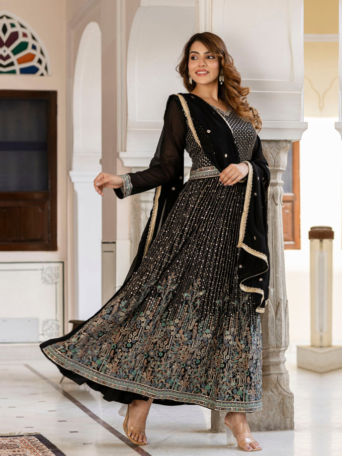 Black Georgette Sequin Embroidery Anarkali Salwar Suit Set for Women's Trendmallsin