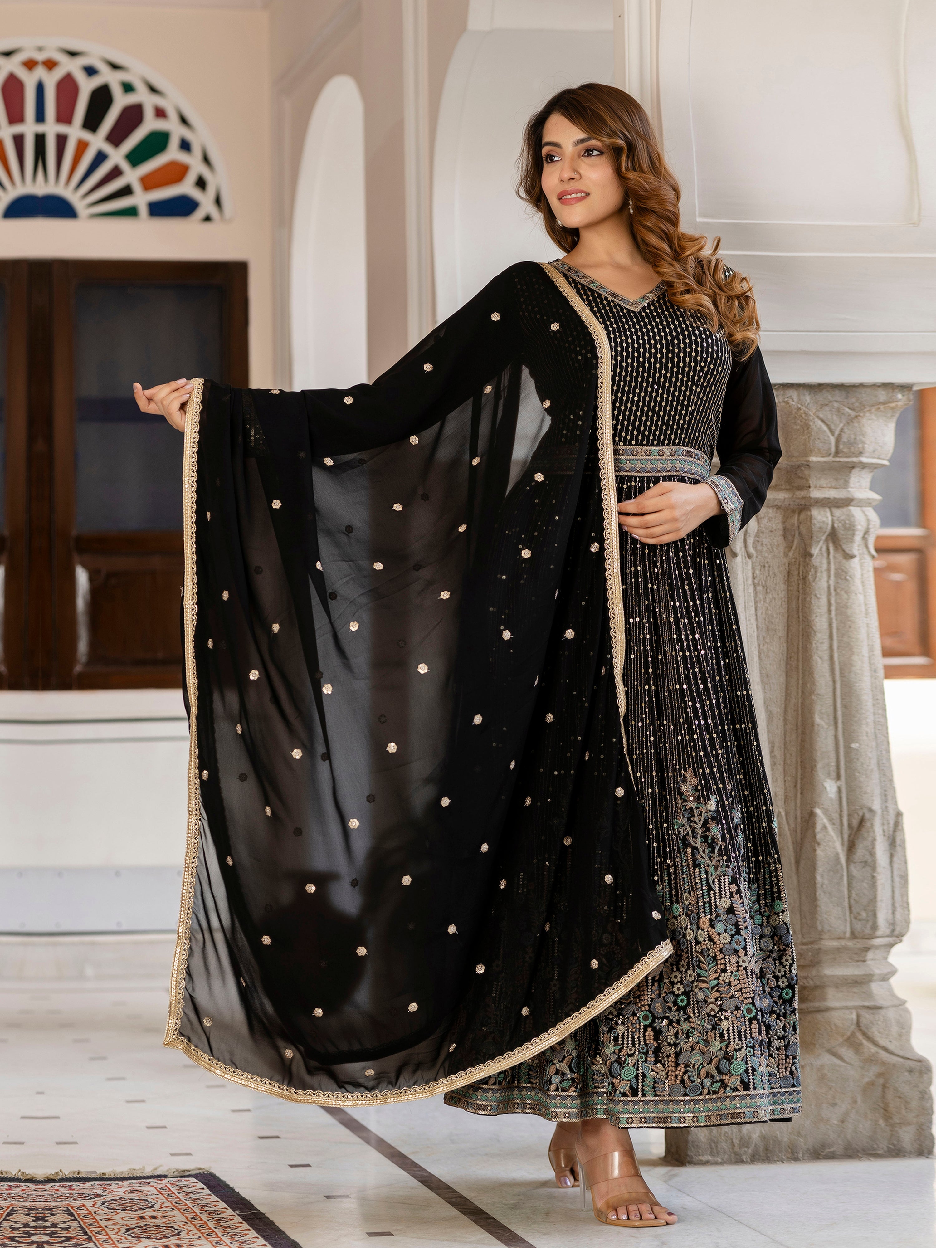 Black Georgette Sequin Embroidery Anarkali Salwar Suit Set for Women's Trendmallsin