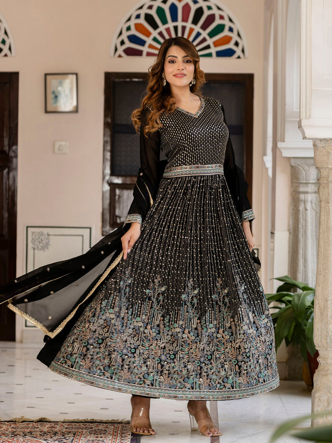 Black Georgette Sequin Embroidery Anarkali Salwar Suit Set for Women's Trendmallsin
