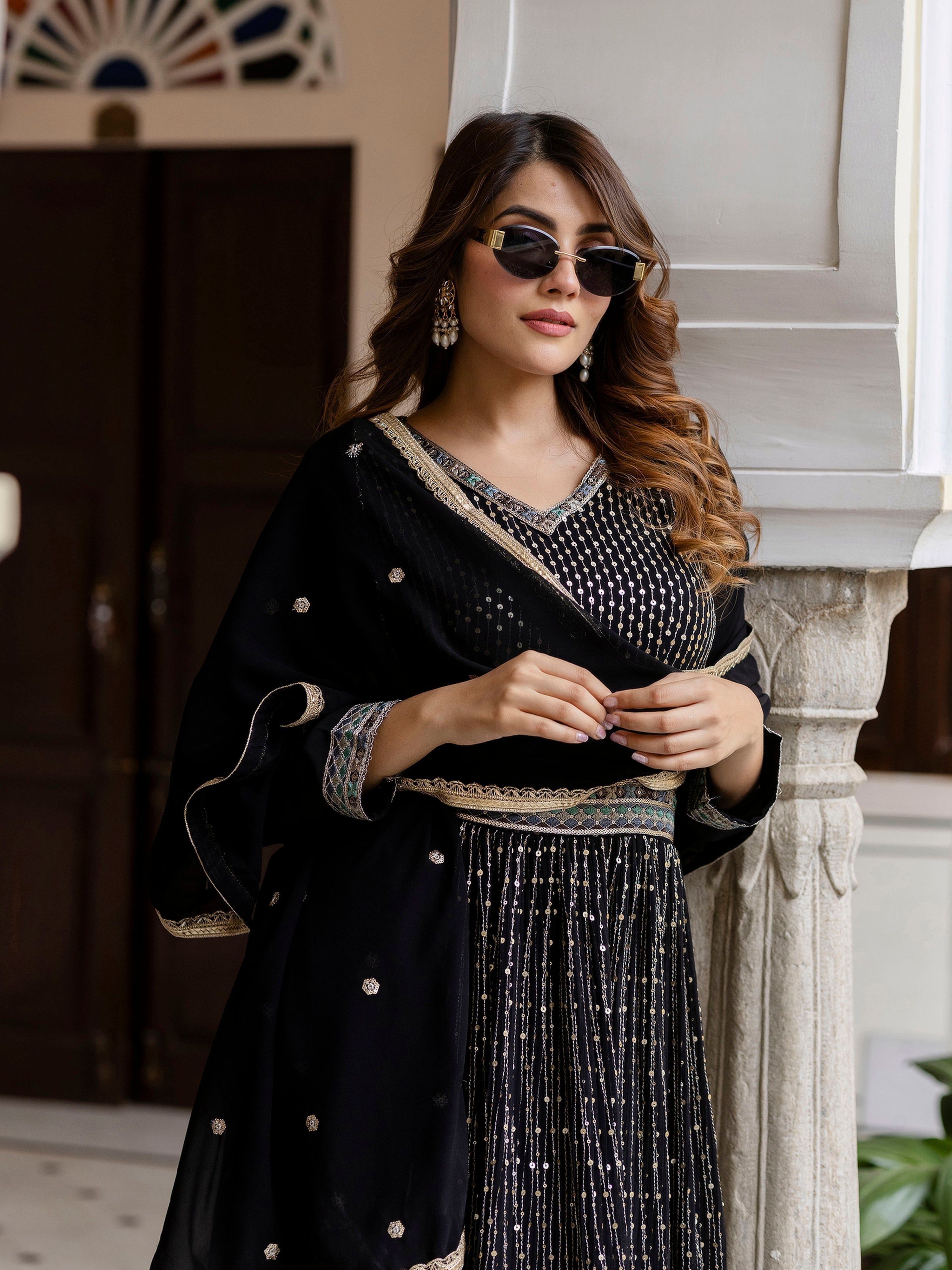 Black Georgette Sequin Embroidery Anarkali Salwar Suit Set for Women's Trendmallsin