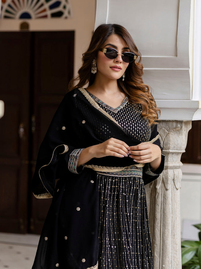 Black Georgette Sequin Embroidery Anarkali Salwar Suit Set for Women's Trendmallsin