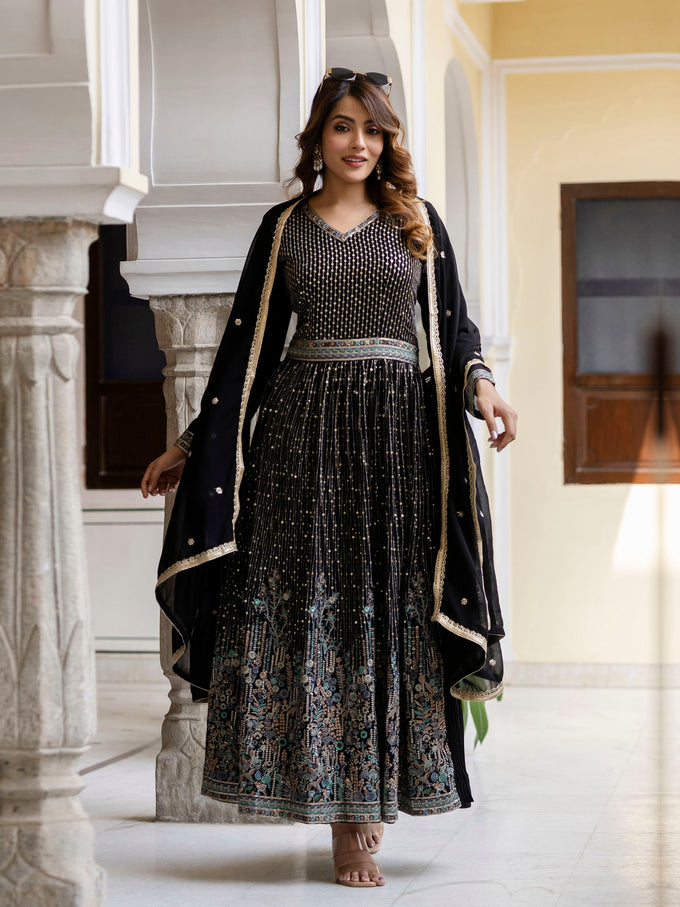 Black Georgette Sequin Embroidery Anarkali Salwar Suit Set for Women's Trendmallsin