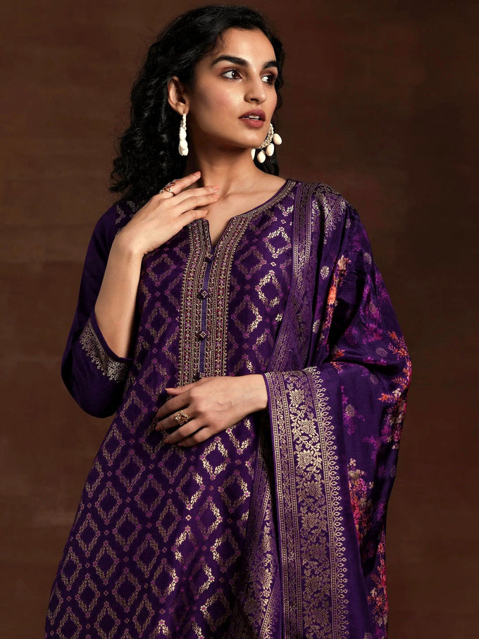 Purple Jaquard Silk Embroidery Stone Work Kurta Pant with Dupatta Trendmalls