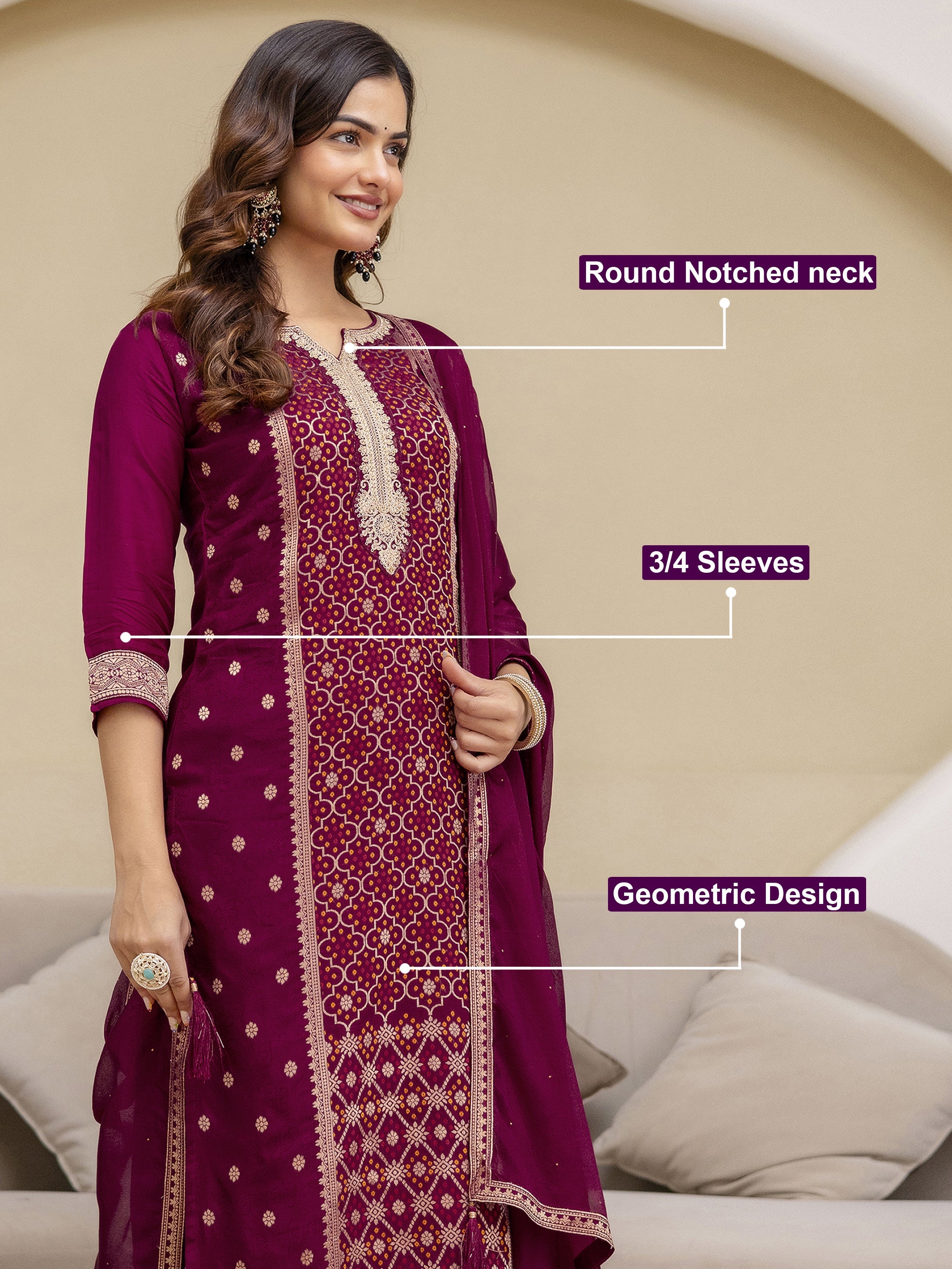 Purple Jaquard Silk Embroidery Sequence Work Kurta Pant Set with Dupatta Salwar Suit Set Trendmalls