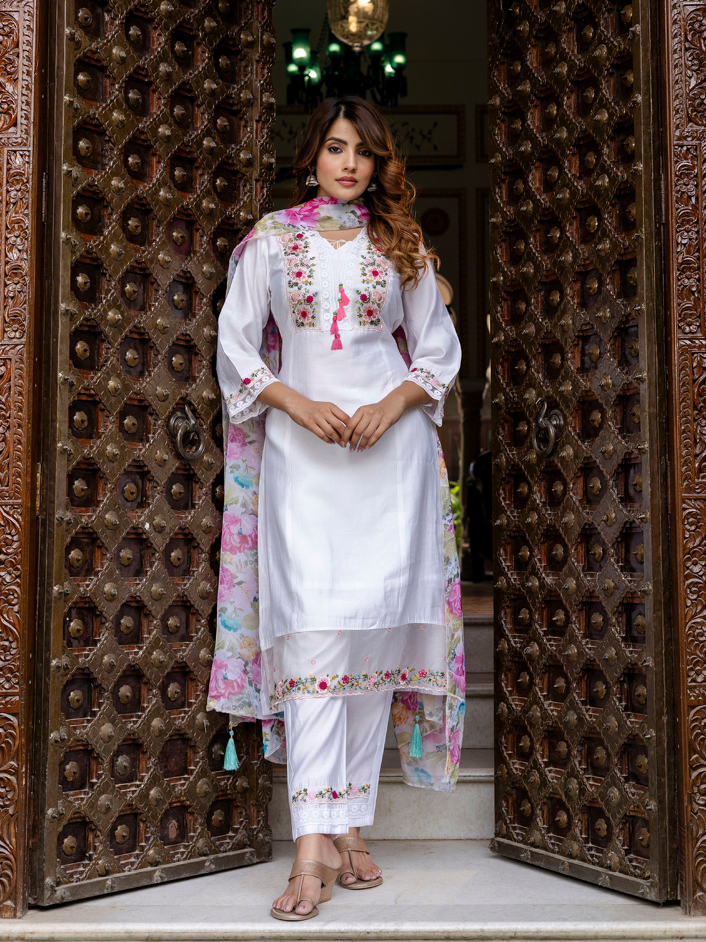 White Viscose Silk Embroidery A-line Salwar Suit Set With Dupatta for Women's Trendmallsin