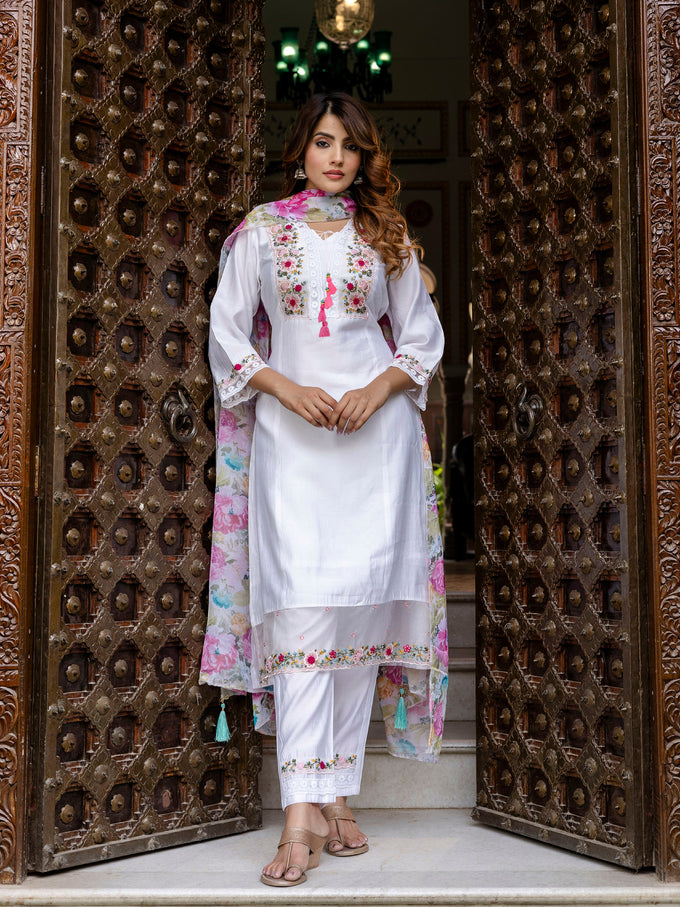 White Viscose Silk Embroidery A-line Salwar Suit Set With Dupatta for Women's Trendmallsin