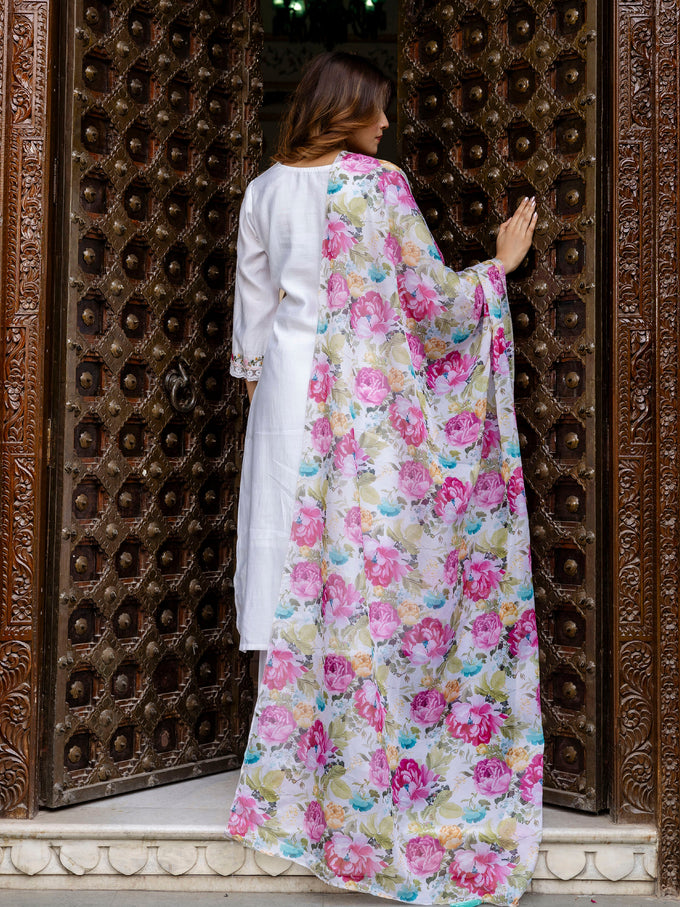 White Viscose Silk Embroidery A-line Salwar Suit Set With Dupatta for Women's Trendmallsin