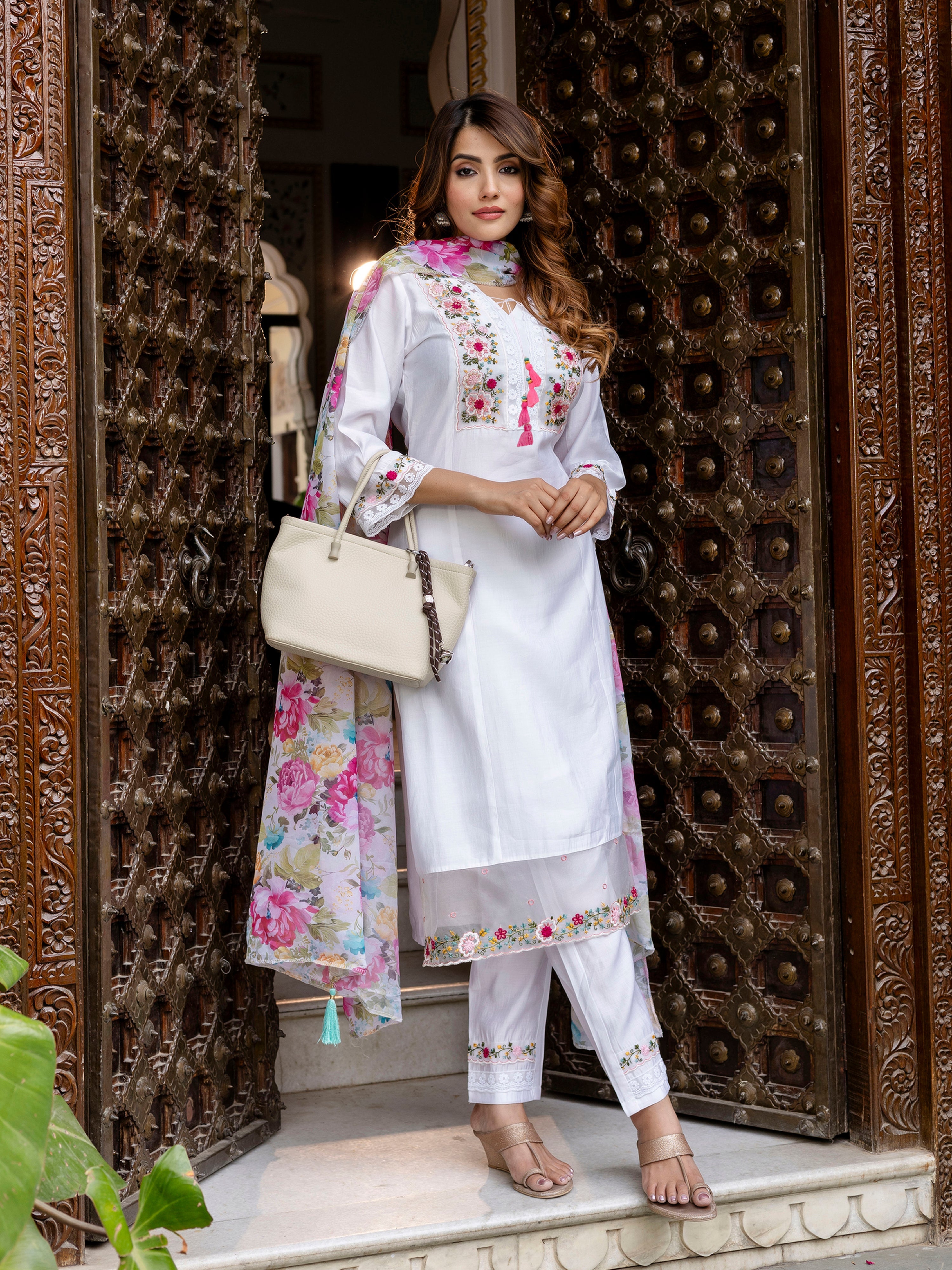 White Viscose Silk Embroidery A-line Salwar Suit Set With Dupatta for Women's Trendmallsin
