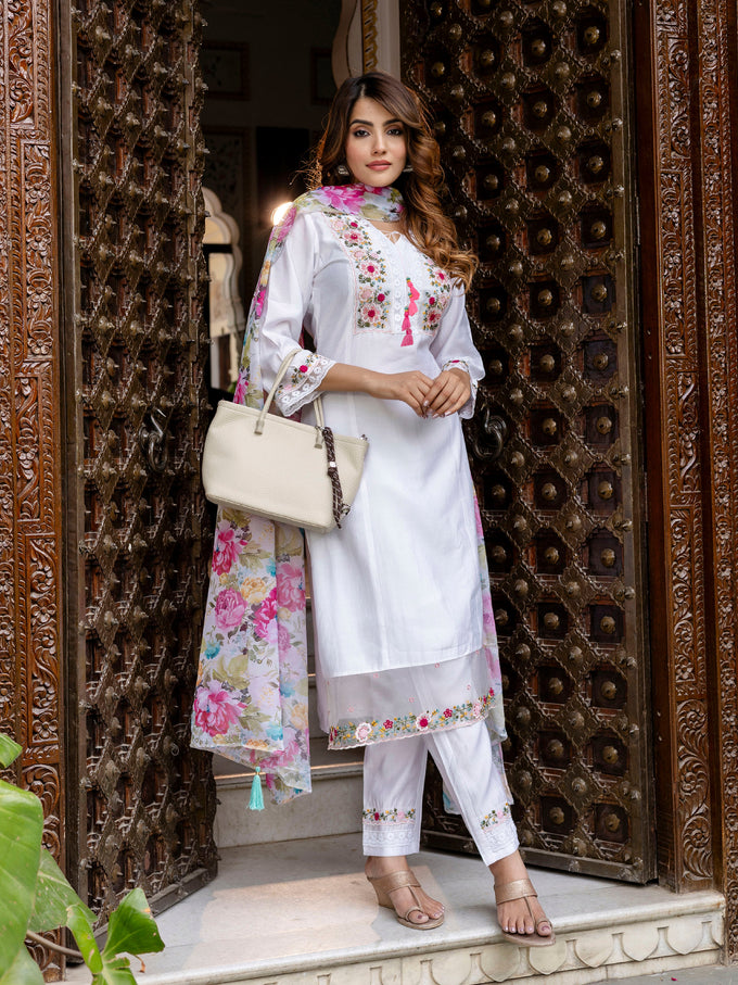 White Viscose Silk Embroidery A-line Salwar Suit Set With Dupatta for Women's Trendmallsin