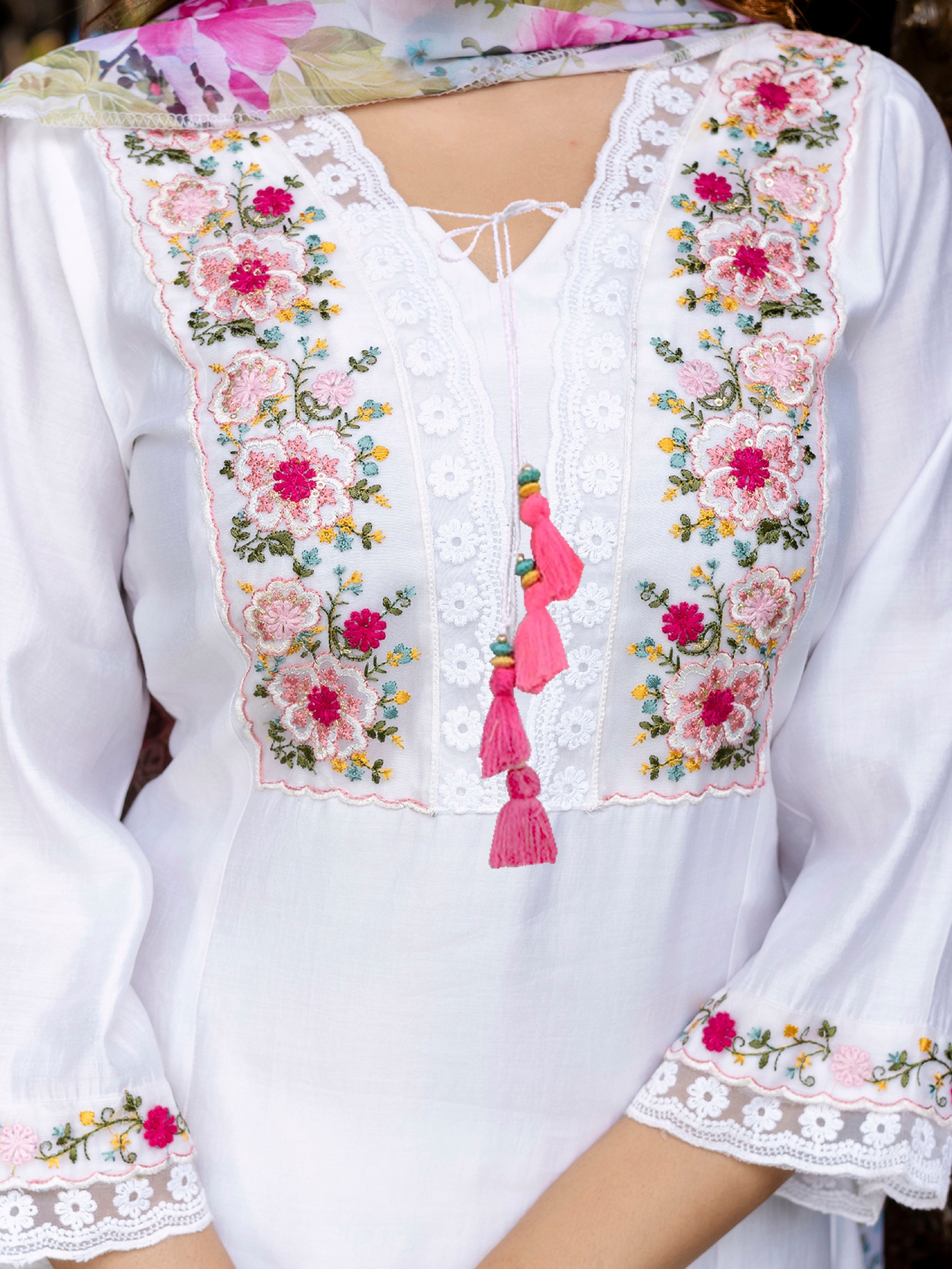 White Viscose Silk Embroidery A-line Salwar Suit Set With Dupatta for Women's Trendmallsin