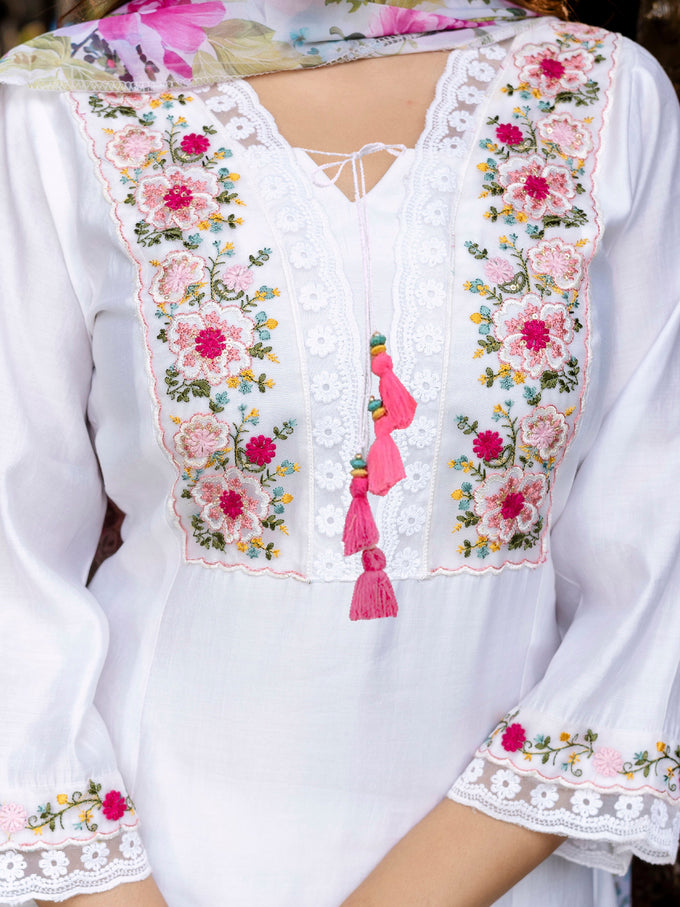 White Viscose Silk Embroidery A-line Salwar Suit Set With Dupatta for Women's Trendmallsin