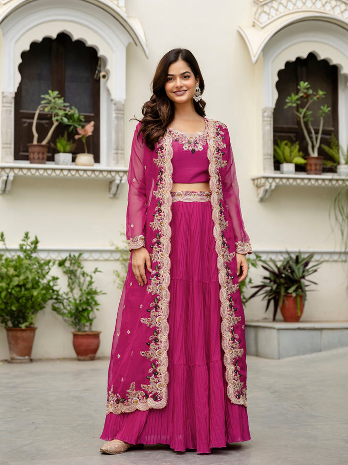 Women's Soft Organza Embroidery Crop Top with Flared Pleated Skirt and Shrug Set Trendmallsin