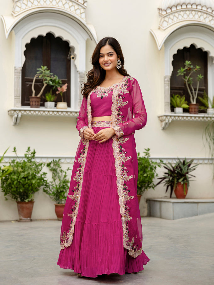 Women's Soft Organza Embroidery Crop Top with Flared Pleated Skirt and Shrug Set Trendmallsin