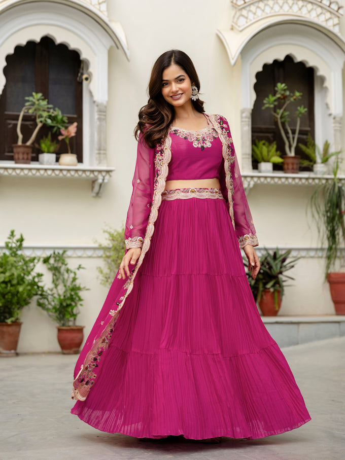 Women's Soft Organza Embroidery Crop Top with Flared Pleated Skirt and Shrug Set Trendmallsin