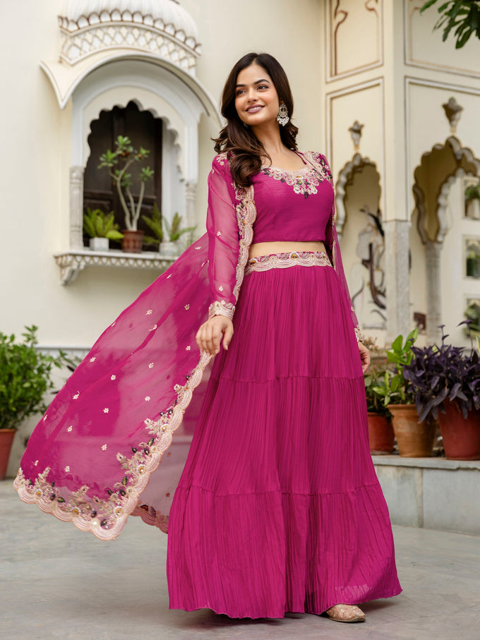 Women's Soft Organza Embroidery Crop Top with Flared Pleated Skirt and Shrug Set Trendmallsin