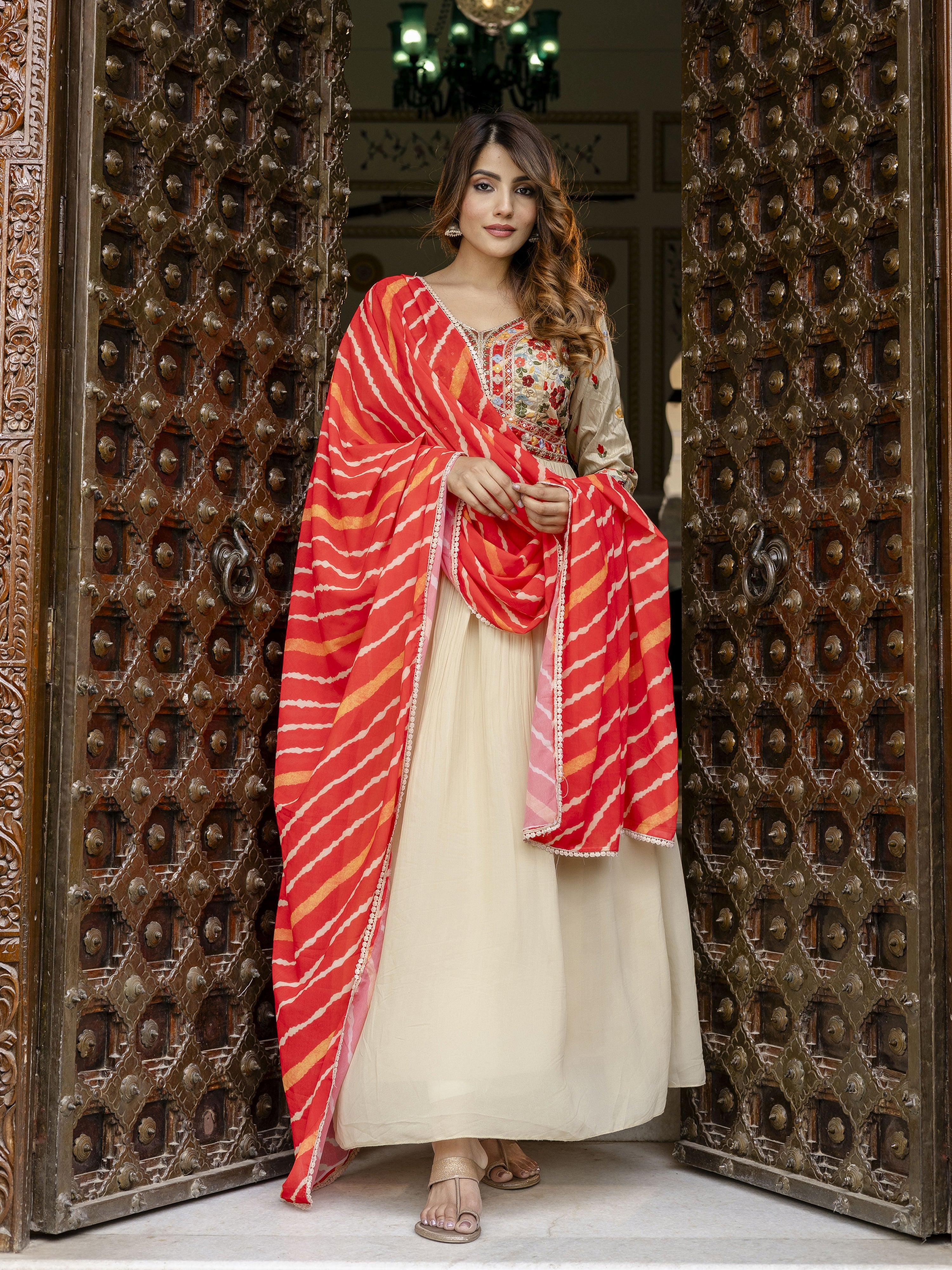Beige Georgette Embroidery Alia Cut Anarkali Kurta Pant with Dupatta Set For Women's Trendmalls