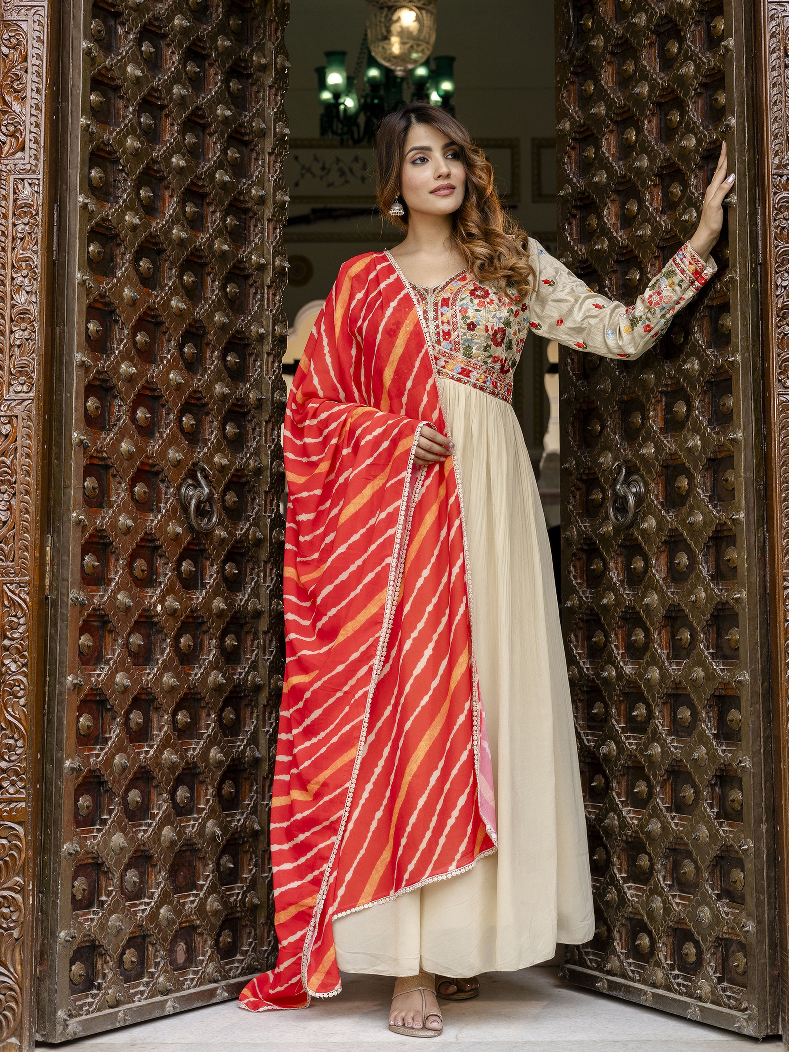 Beige Georgette Embroidery Alia Cut Anarkali Kurta Pant with Dupatta Set For Women's Trendmalls