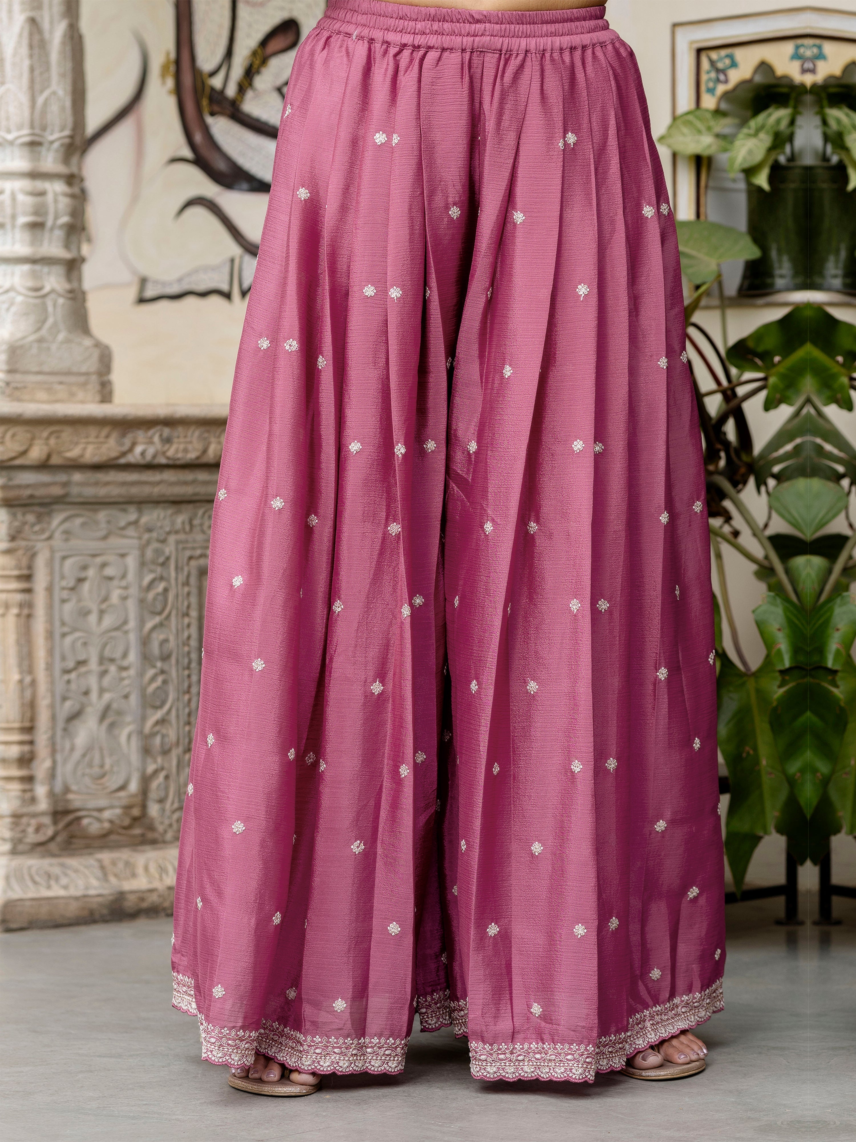 Women's Art Silk Embroidery Kurta Palazzo with Dupatta Set Trendmallsin