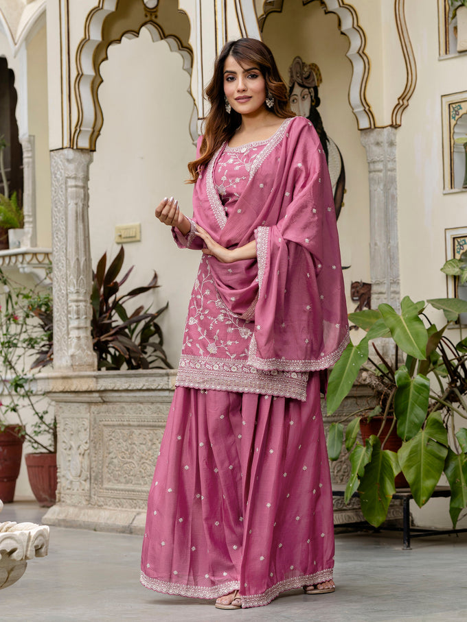 Women's Art Silk Embroidery Kurta Palazzo with Dupatta Set Trendmallsin