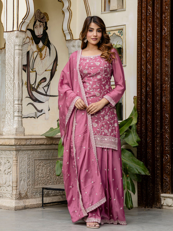 Women's Art Silk Embroidery Kurta Palazzo with Dupatta Set Trendmallsin