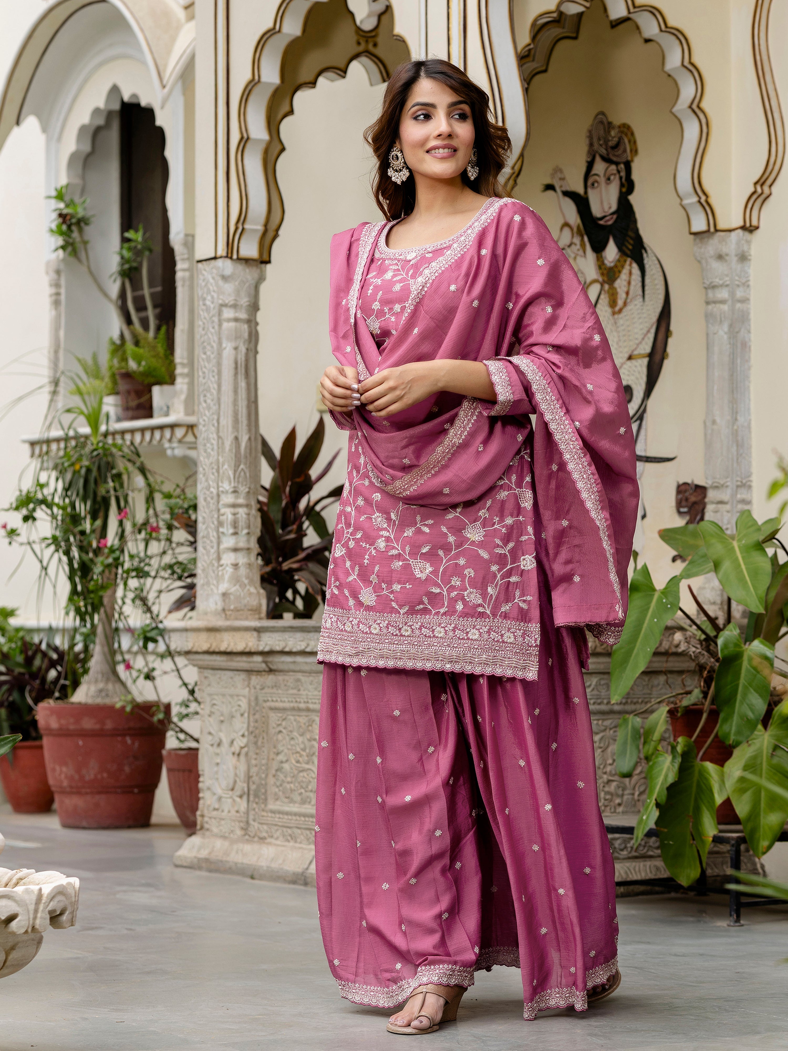Women's Art Silk Embroidery Kurta Palazzo with Dupatta Set Trendmallsin