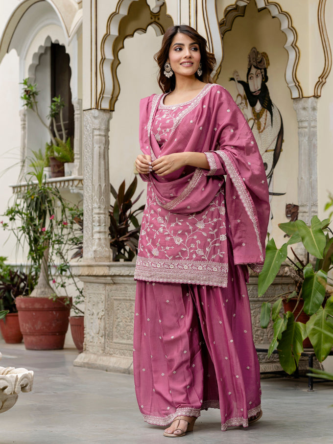 Women's Art Silk Embroidery Kurta Palazzo with Dupatta Set Trendmallsin