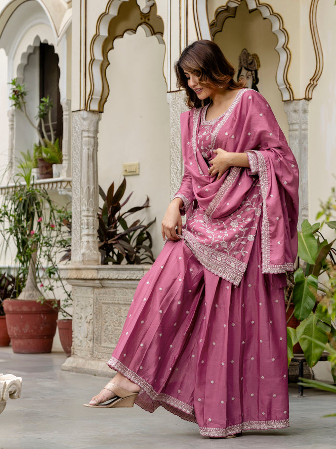 Women's Art Silk Embroidery Kurta Palazzo with Dupatta Set Trendmallsin