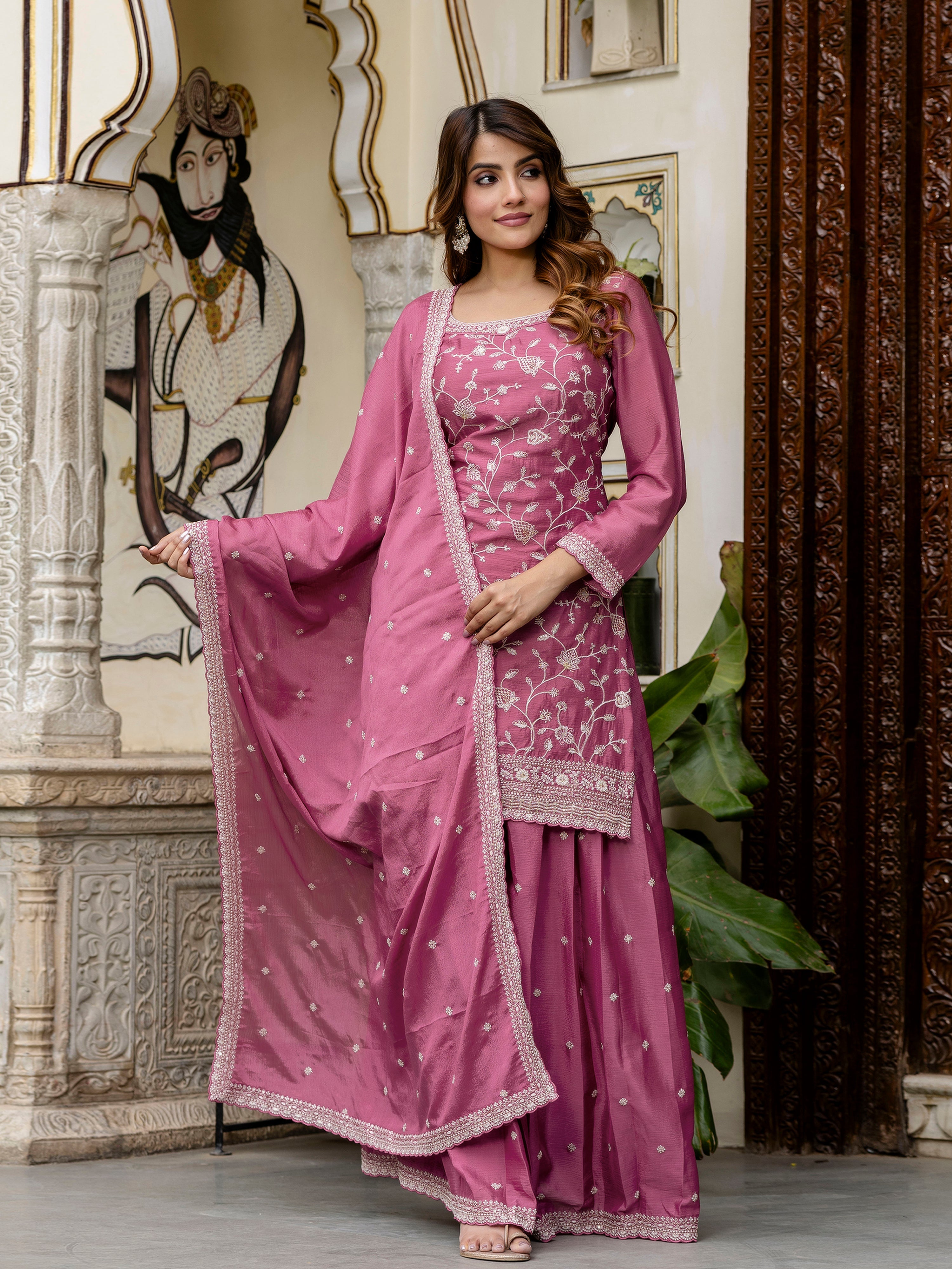 Women's Art Silk Embroidery Kurta Palazzo with Dupatta Set Trendmallsin