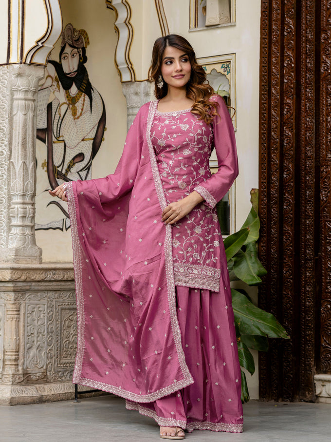 Women's Art Silk Embroidery Kurta Palazzo with Dupatta Set Trendmallsin