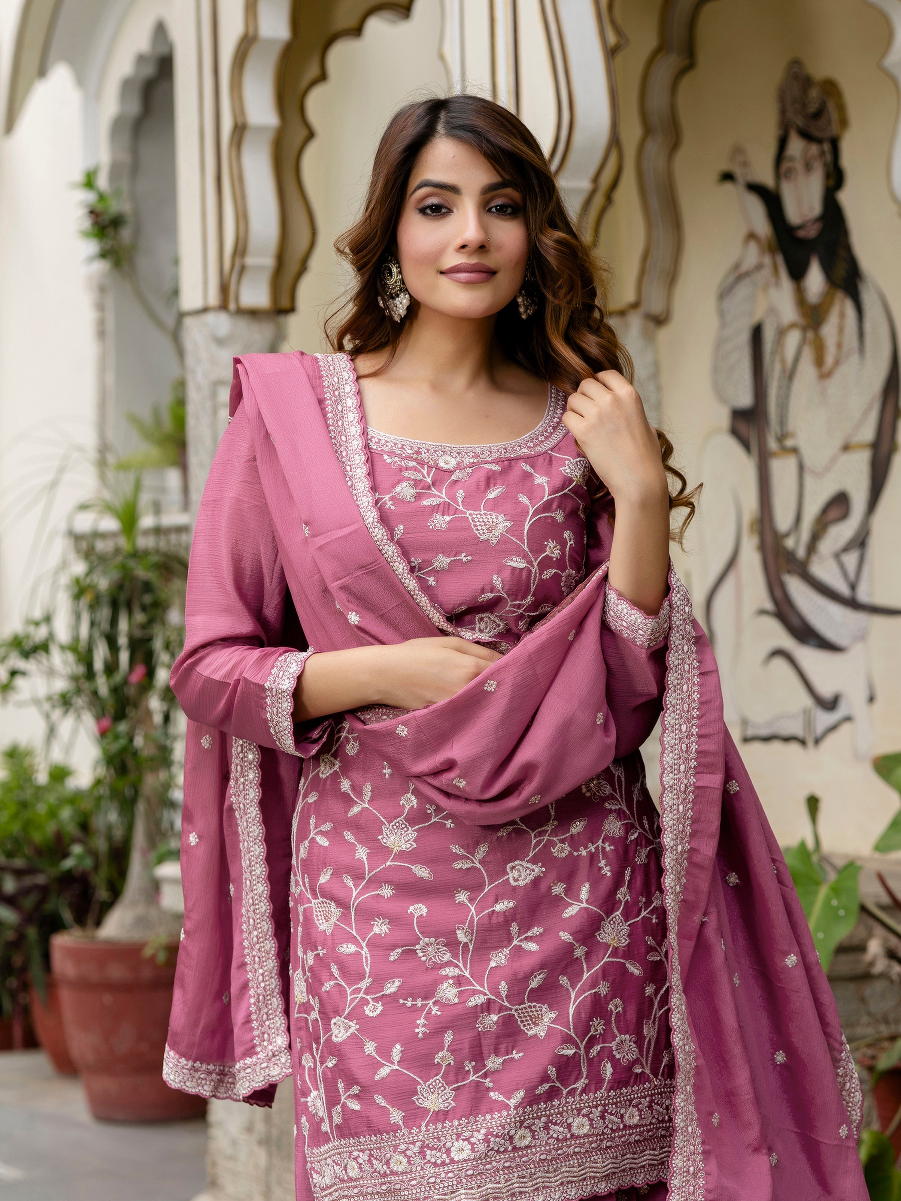 Women's Art Silk Embroidery Kurta Palazzo with Dupatta Set Trendmallsin