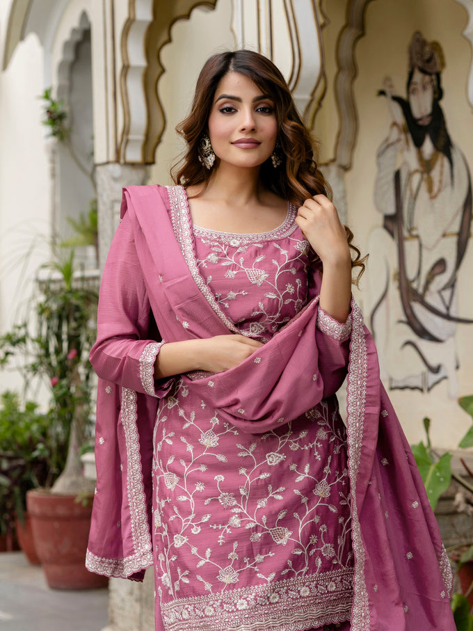 Women's Art Silk Embroidery Kurta Palazzo with Dupatta Set Trendmallsin