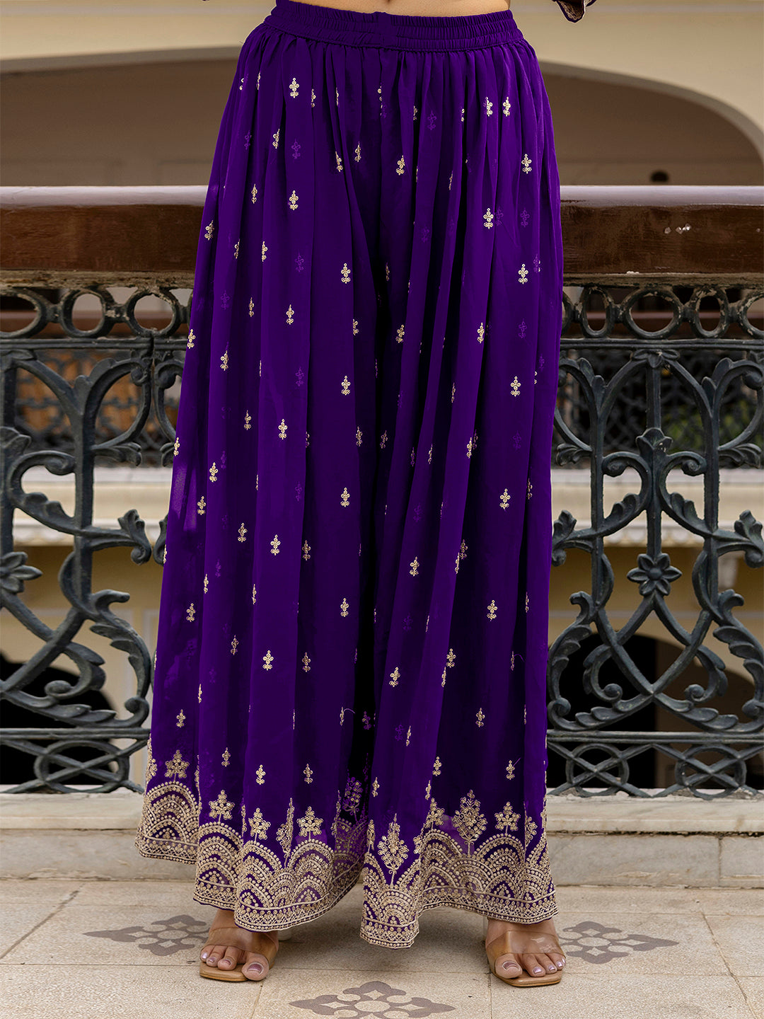 Purple Georgette Embroidery Pleated Kurta Sharara with Dupatta Salwar Suit Set For Women's Trendmallsin