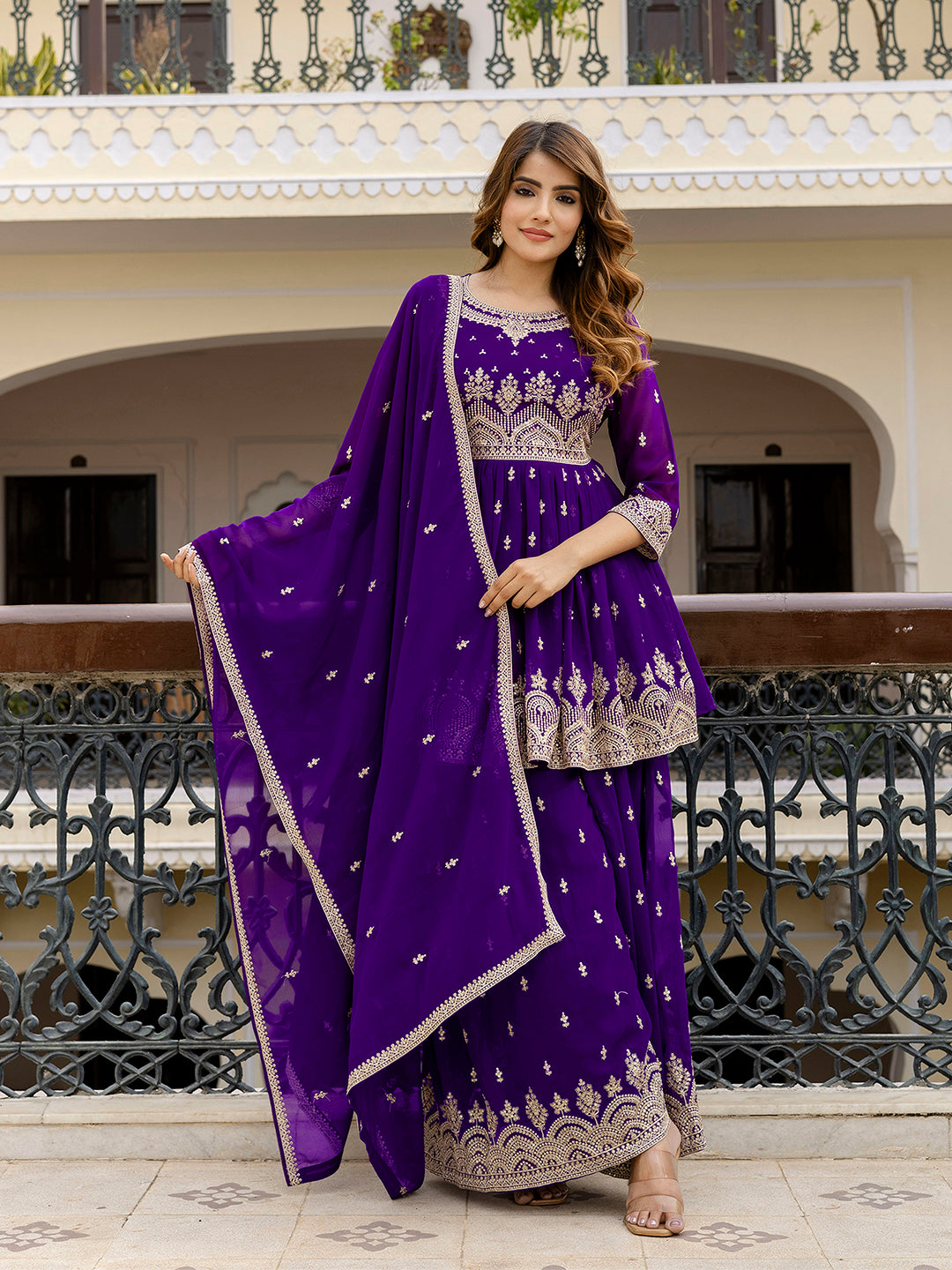 Purple Georgette Embroidery Pleated Kurta Sharara with Dupatta Salwar Suit Set For Women's Trendmallsin