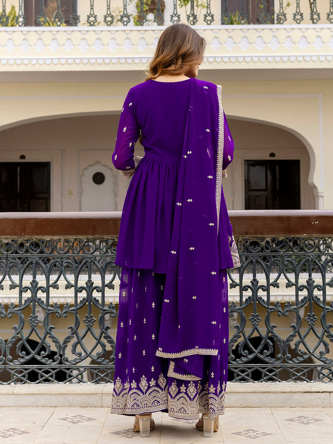 Purple Georgette Embroidery Pleated Kurta Sharara with Dupatta Salwar Suit Set For Women's Trendmallsin