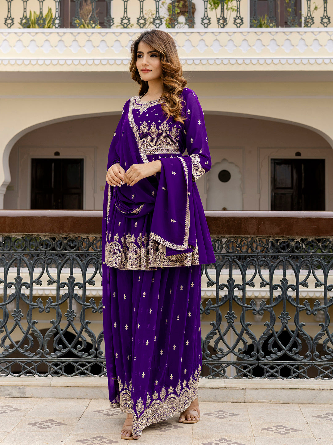 Purple Georgette Embroidery Pleated Kurta Sharara with Dupatta Salwar Suit Set For Women's Trendmallsin