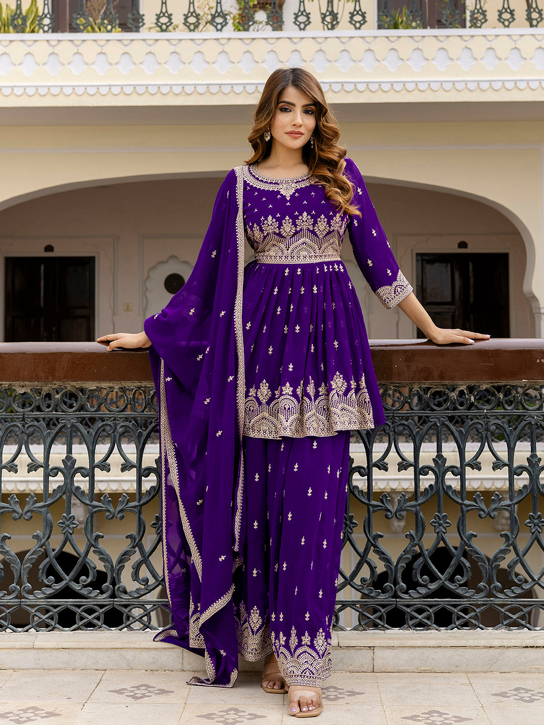 Purple Georgette Embroidery Pleated Kurta Sharara with Dupatta Salwar Suit Set For Women's Trendmallsin