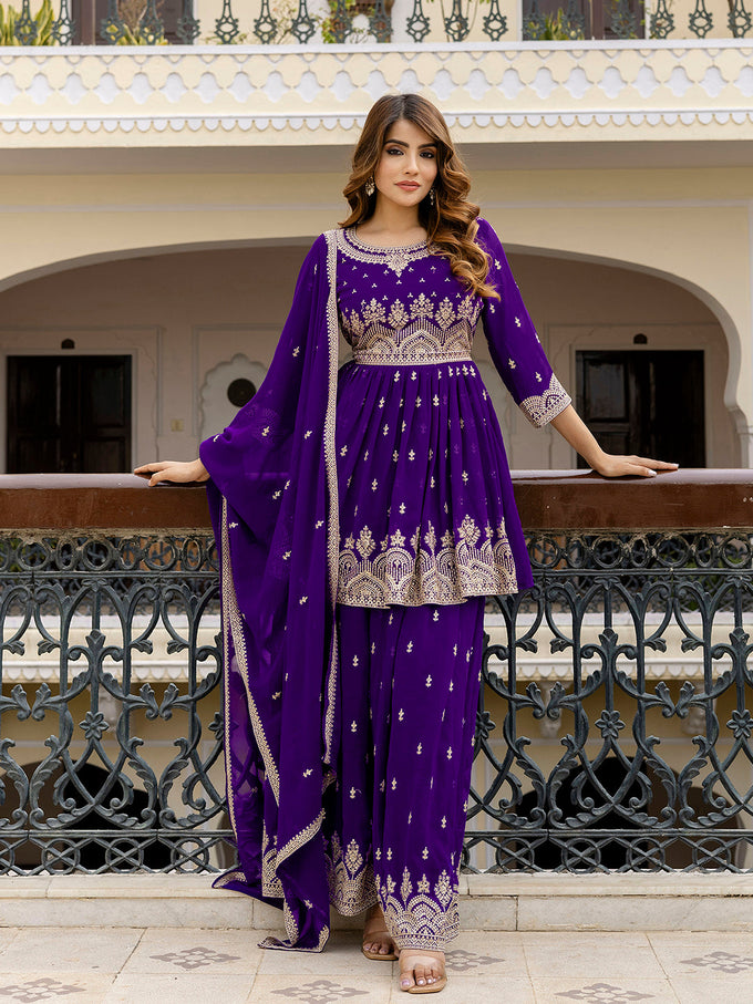 Purple Georgette Embroidery Pleated Kurta Sharara with Dupatta Salwar Suit Set For Women's Trendmallsin