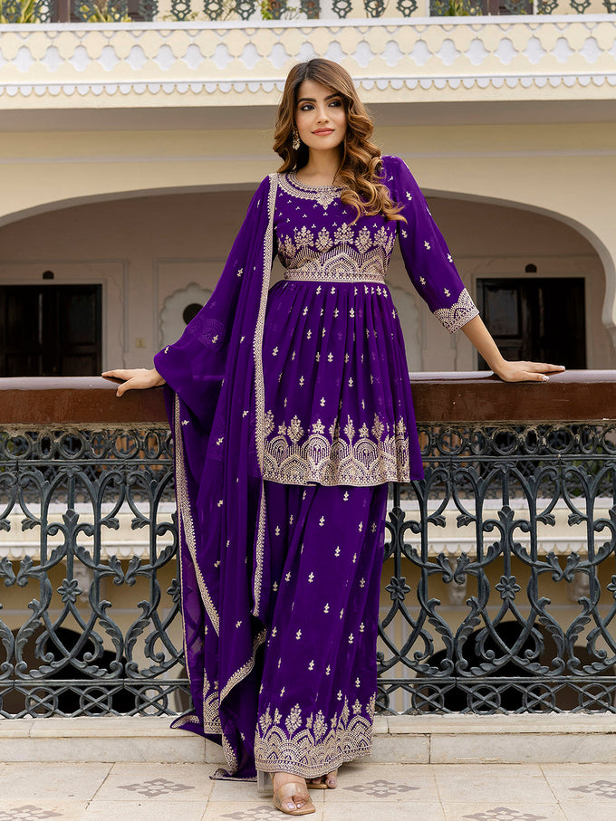 Purple Georgette Embroidery Pleated Kurta Sharara with Dupatta Salwar Suit Set For Women's Trendmallsin